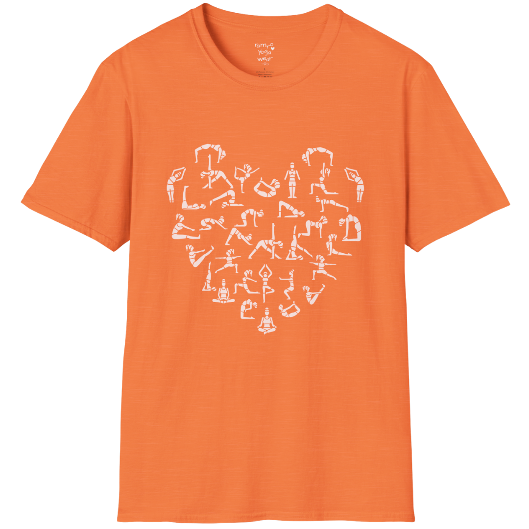 Heart symbol formed from yoga pose silhouettes on Heather Orange tee — The Vault collection by Ramro Yoga Wear