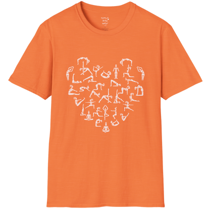 Heart symbol formed from yoga pose silhouettes on Heather Orange tee — The Vault collection by Ramro Yoga Wear