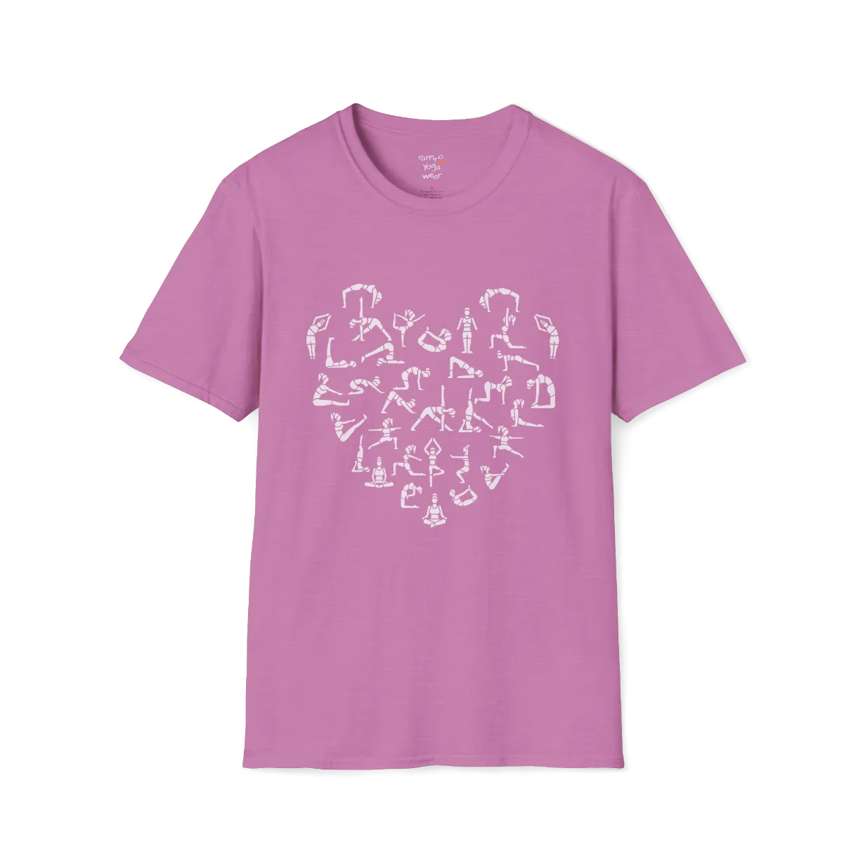 Heart symbol formed from yoga pose silhouettes on Heather Radiant Orchid tee — The Vault collection by Ramro Yoga Wear