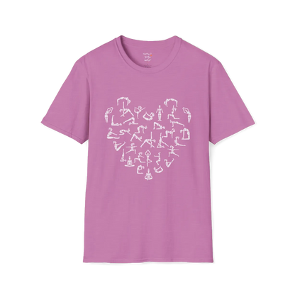 Heart symbol formed from yoga pose silhouettes on Heather Radiant Orchid tee — The Vault collection by Ramro Yoga Wear