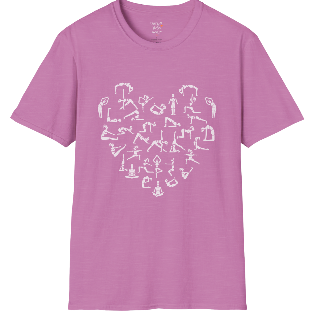 Heart symbol formed from yoga pose silhouettes on Heather Radiant Orchid tee — The Vault collection by Ramro Yoga Wear