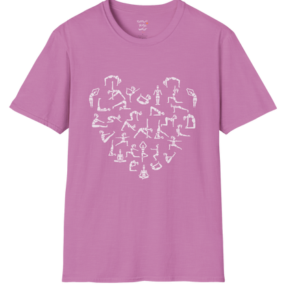 Heart symbol formed from yoga pose silhouettes on Heather Radiant Orchid tee — The Vault collection by Ramro Yoga Wear