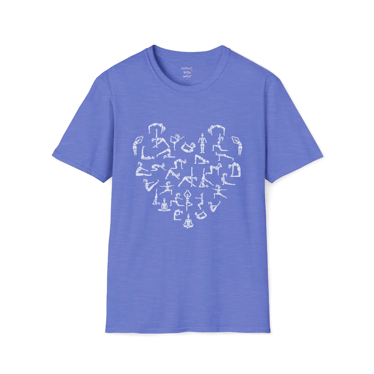 Heart symbol formed from yoga pose silhouettes on Heather Royal tee — The Vault collection by Ramro Yoga Wear