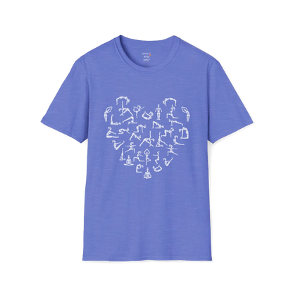 Heart symbol formed from yoga pose silhouettes on Heather Royal tee — The Vault collection by Ramro Yoga Wear