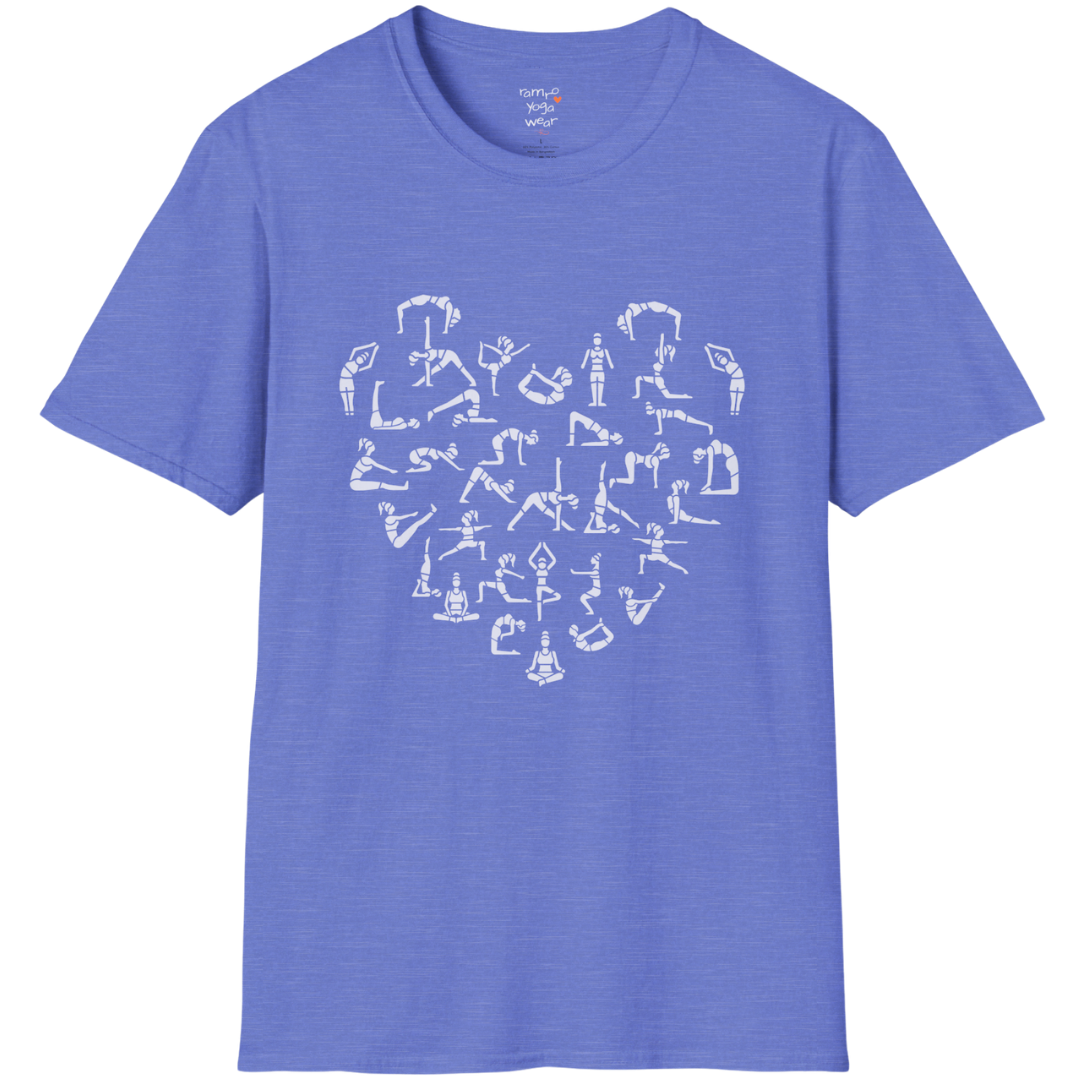 Heart symbol formed from yoga pose silhouettes on Heather Royal tee — The Vault collection by Ramro Yoga Wear
