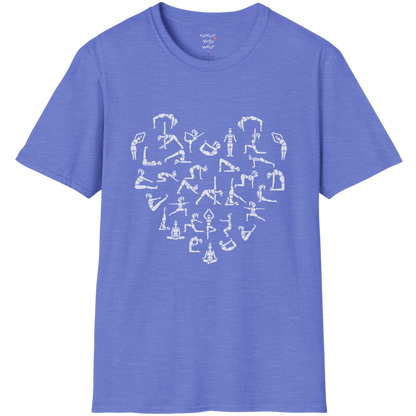 Heart symbol formed from yoga pose silhouettes on Heather Royal tee — The Vault collection by Ramro Yoga Wear