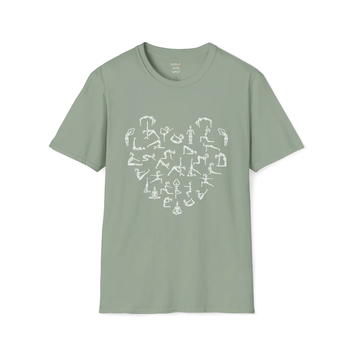 Heart symbol formed from yoga pose silhouettes on Sage tee — The Vault collection by Ramro Yoga Wear