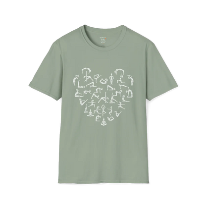 Heart symbol formed from yoga pose silhouettes on Sage tee — The Vault collection by Ramro Yoga Wear