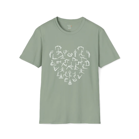 Sage Heart T-Shirt featuring a heart of yoga poses, inspired by calm, grounding energy and natural flow.