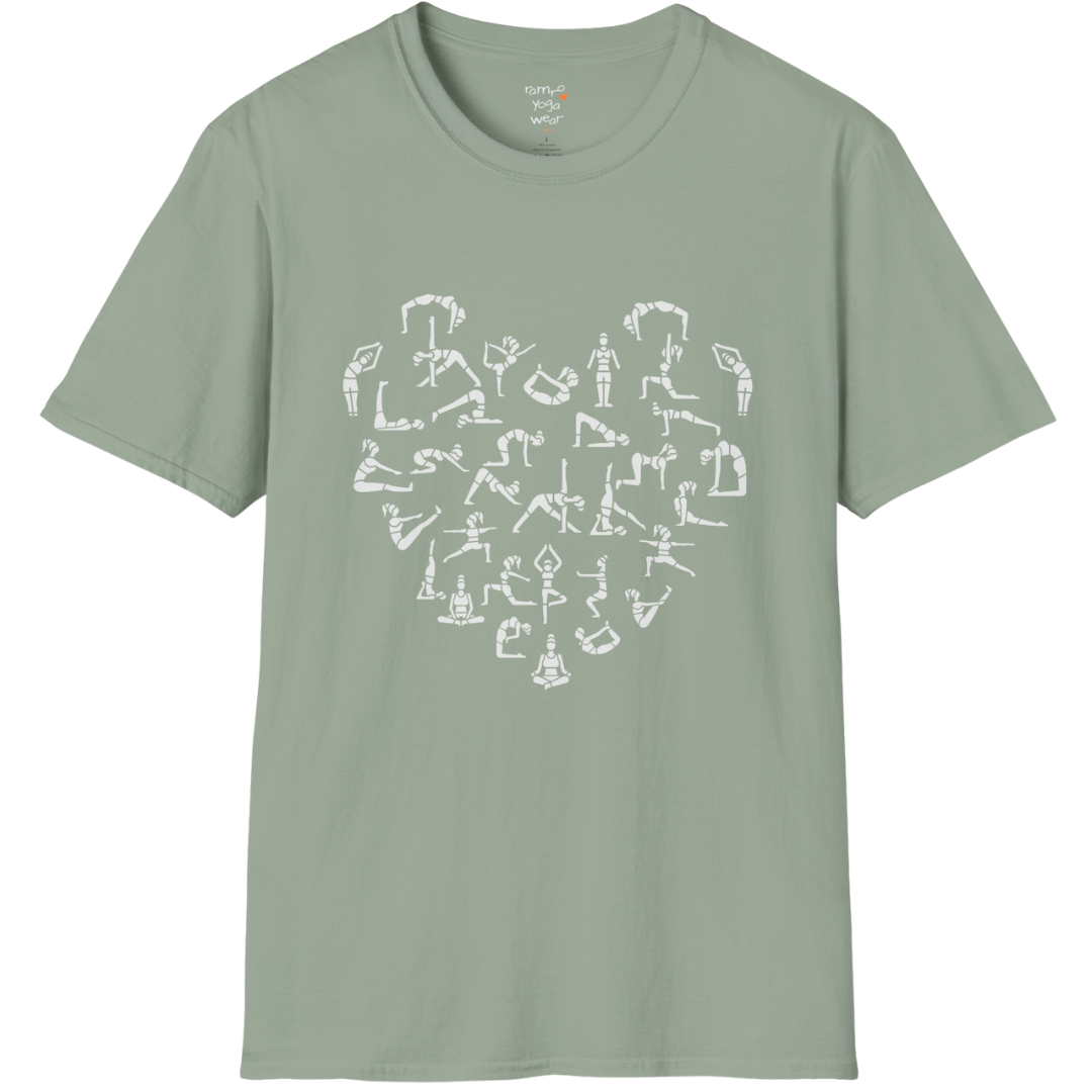 Heart symbol formed from yoga pose silhouettes on Sage tee — The Vault collection by Ramro Yoga Wear