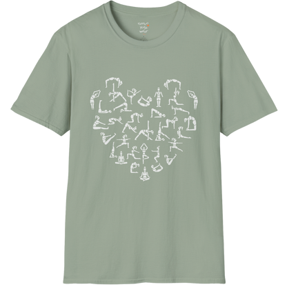 Heart symbol formed from yoga pose silhouettes on Sage tee — The Vault collection by Ramro Yoga Wear