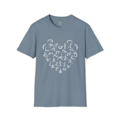 Heart symbol formed from yoga pose silhouettes on Stone Blue tee — The Vault collection by Ramro Yoga Wear