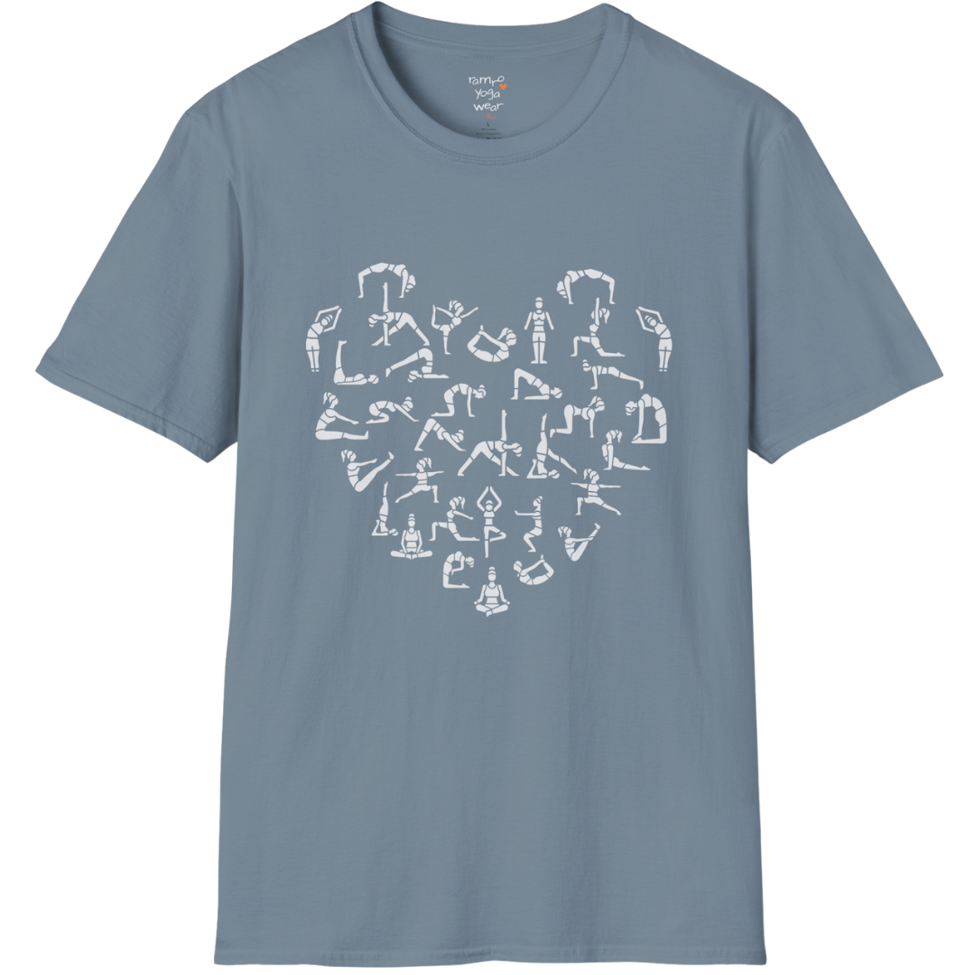 Heart symbol formed from yoga pose silhouettes on Stone Blue tee — The Vault collection by Ramro Yoga Wear