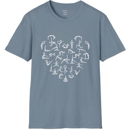 Heart symbol formed from yoga pose silhouettes on Stone Blue tee — The Vault collection by Ramro Yoga Wear