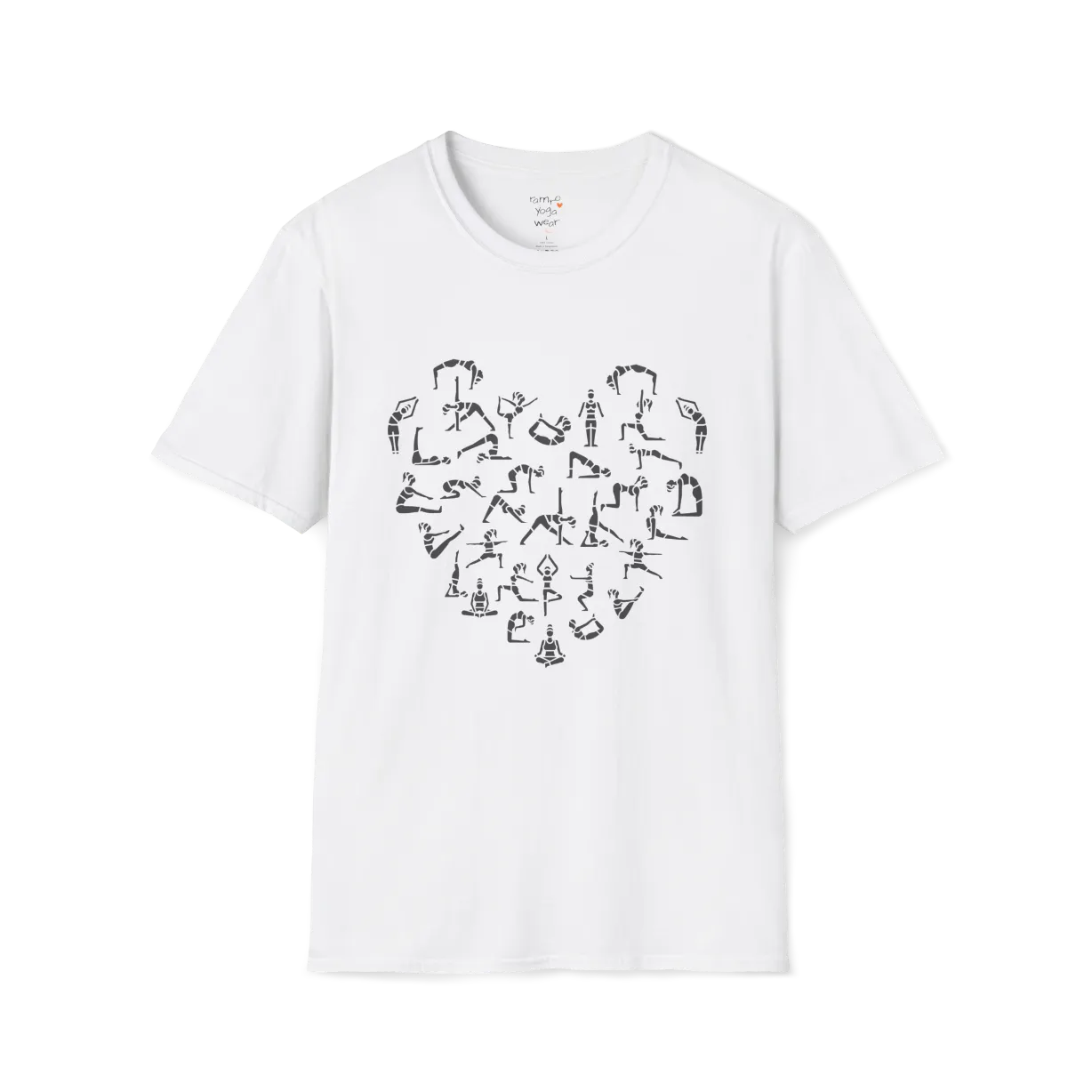 Heart symbol formed from yoga pose silhouettes on White tee — The Vault collection by Ramro Yoga Wear