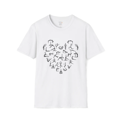 Heart symbol formed from yoga pose silhouettes on White tee — The Vault collection by Ramro Yoga Wear