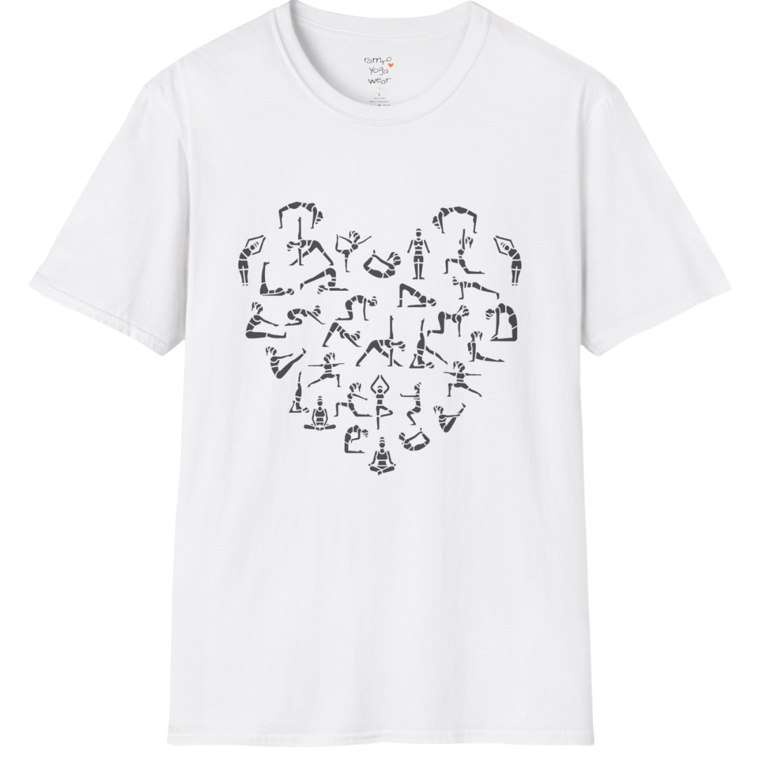 Heart symbol formed from yoga pose silhouettes on White tee — The Vault collection by Ramro Yoga Wear