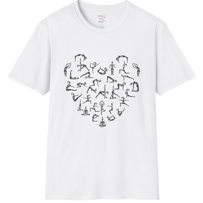 Heart symbol formed from yoga pose silhouettes on White tee — The Vault collection by Ramro Yoga Wear