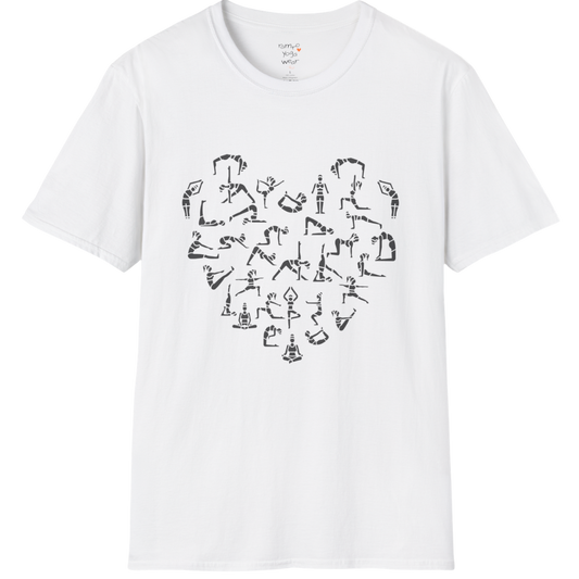 Heart symbol formed from yoga pose silhouettes on White tee — The Vault collection by Ramro Yoga Wear