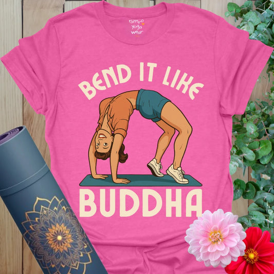 Vibrant pink heather yoga t-shirt with retro-style yogi in backbend and playful Buddha-inspired message.