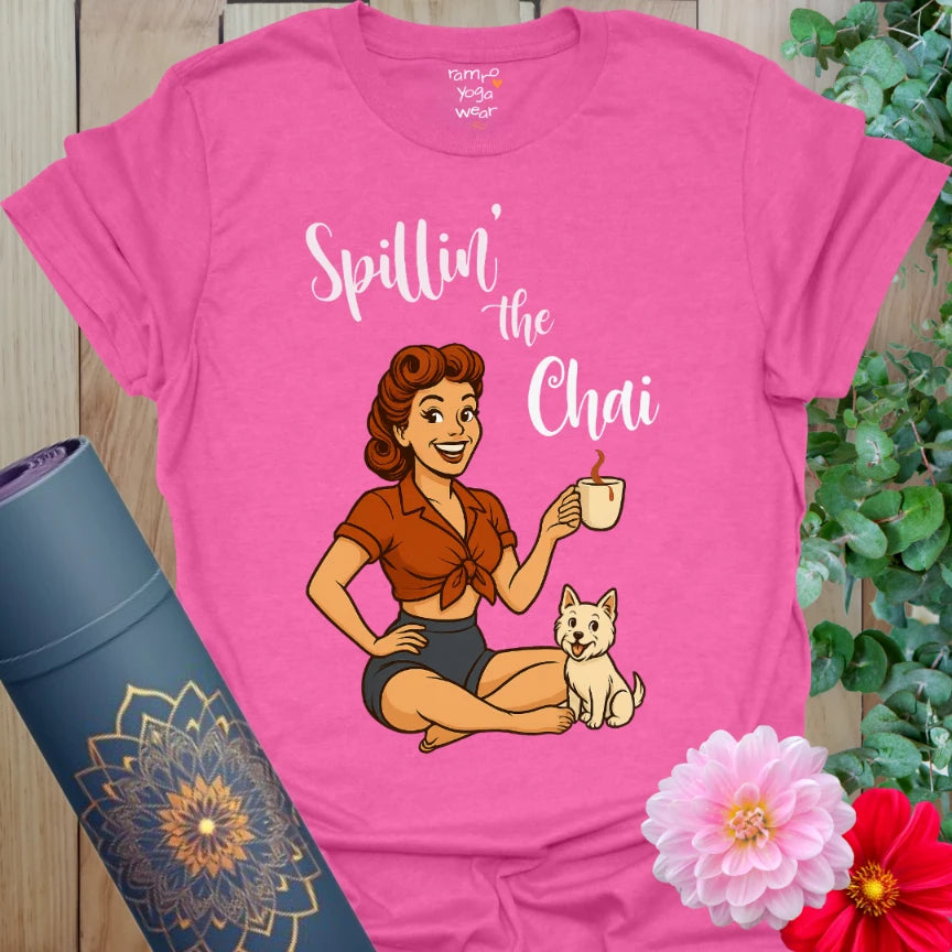 Vivid pink Heather Heliconia t-shirt with retro pinup yogi and steaming chai graphic for spirited self-expression.