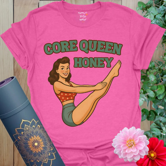 Vivid heather heliconia yoga tee showcasing a retro pinup in Boat Pose for playful power and vintage vibes.