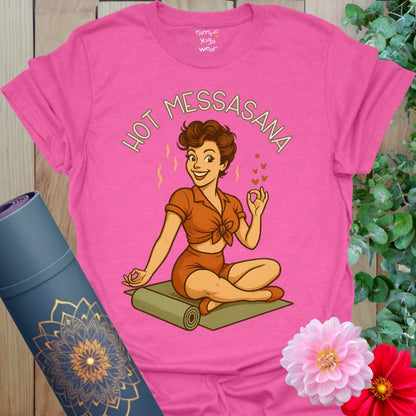 Vibrant pink heather yoga t-shirt featuring retro yogi artwork with whimsical heart and steam details.