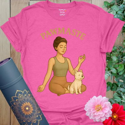 Vibrant pink Heather Heliconia tee with retro yogi and pup illustration for calm, cheeky balance.
