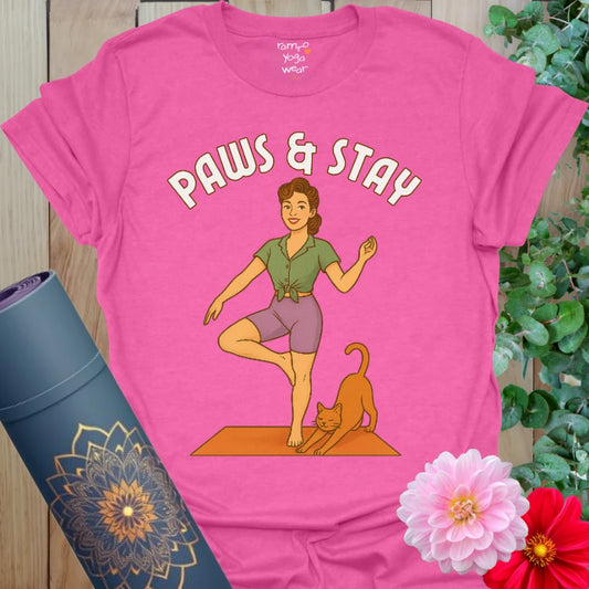 Bright pink Heather Heliconia yoga shirt with vintage-style yogi and cat design for grounded, playful energy.