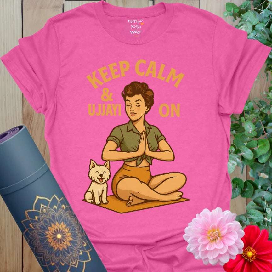Bright Heather Heliconia yoga tee with retro yogi design and peaceful Ujjayi breathing mantra.