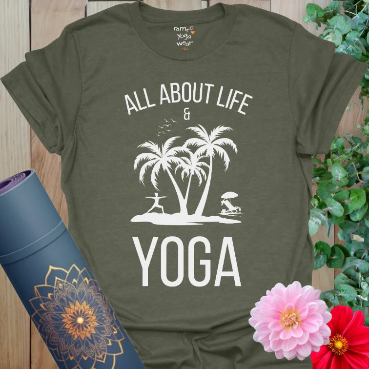 Heather Military Green About Life T-Shirt with white island yoga artwork. Perfect for soulful beach lovers and relaxed living.
