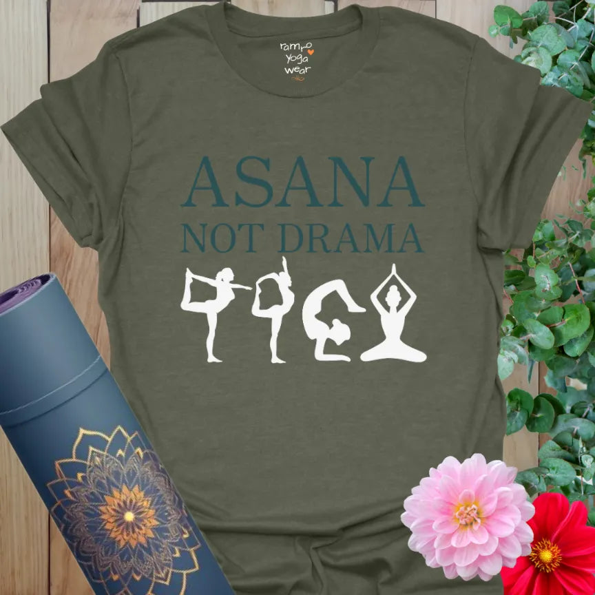 Heather Military Green Asana T-Shirt with line art yoga figures and text design. Grounded activewear for mindful movement.