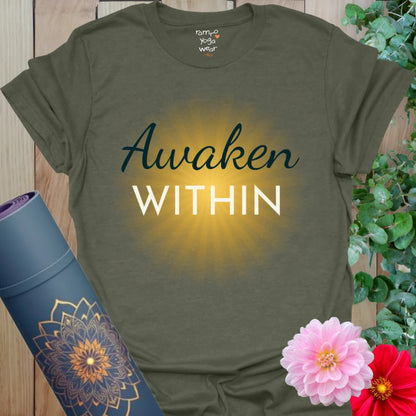 Heather Military Green Awaken T-Shirt with glowing motivational text. Yoga-inspired shirt for clarity and conscious living.