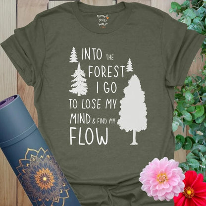 Heather Military Green Forest T-Shirt with grounding forest design. Ideal for hiking yogis and nature seekers.