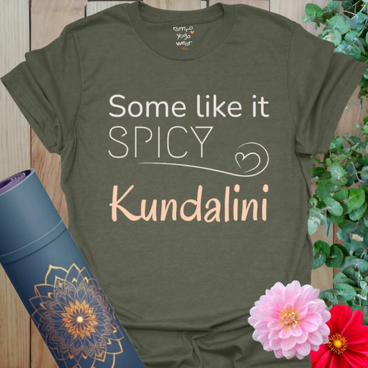 Heather Military Green Kundalini T-Shirt with contrasting peach script. A grounded yet fiery tee for awakening your inner shakti.