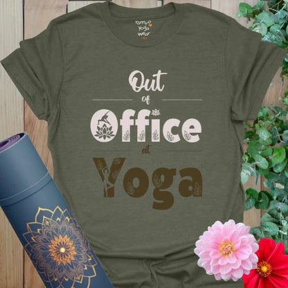 Heather Military Green Out Of Office T-Shirt featuring bold lettering with nature-inspired yoga graphics. A relaxed vibe for studio days or off-grid escapes.