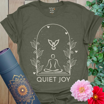 Heather Military Green Quiet Joy T-Shirt with mindful arch design, a gentle reminder to slow down and breathe.