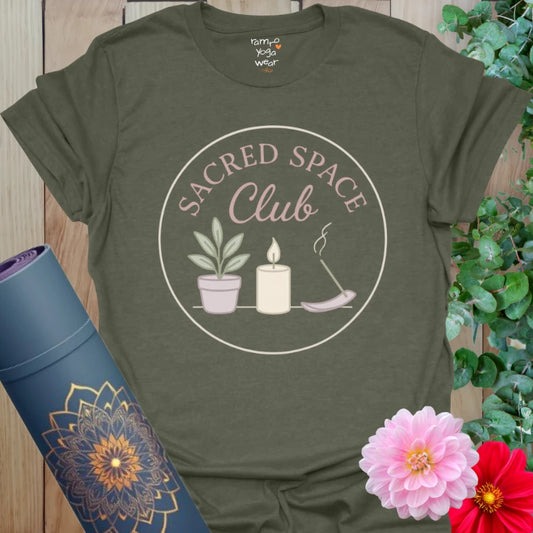 Heather Military Green Sacred Space T-Shirt with calming ritual graphic — perfect for sacred self-care and cozy rituals.