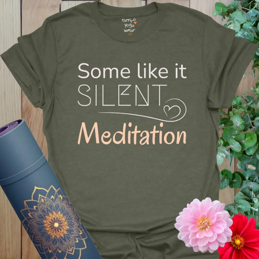 Heather Military Green Silent T-Shirt with calm, cheeky graphic. Perfect for introspective yogis.