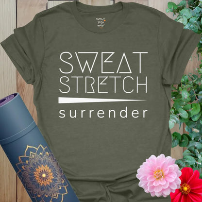 Heather Military Green Sweat Stretch T-Shirt with sleek white typography. Grounded motivational tee for everyday yoga flow.