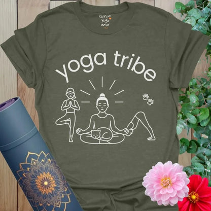 Heather Military Green Tribe T-Shirt featuring yogis and meditation figure. Yoga lifestyle clothing with community spirit.