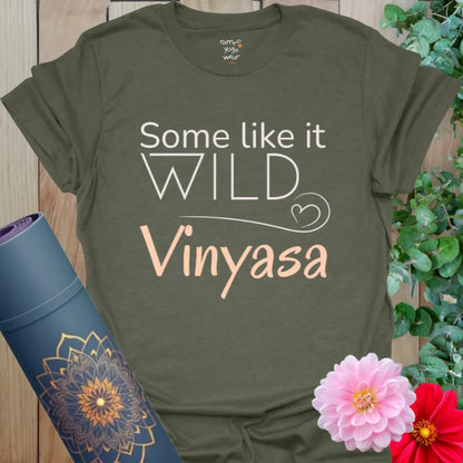 Heather Military Green Vinyasa T-Shirt with warm lettering. Comfortable and cool, this tee celebrates dynamic movement and fun.
