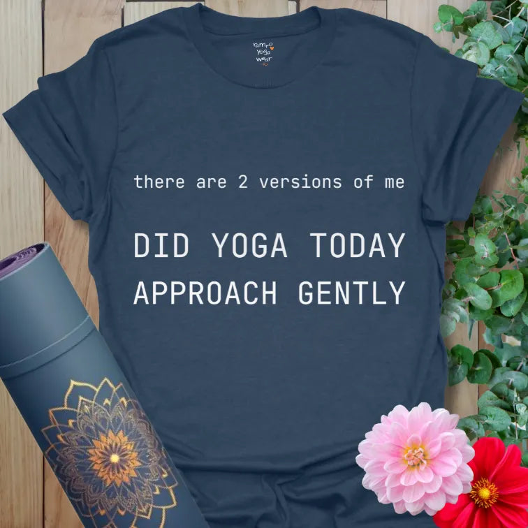Heather Navy color yoga T-shirt featuring subtle street-style text “Did yoga today, approach gently.”