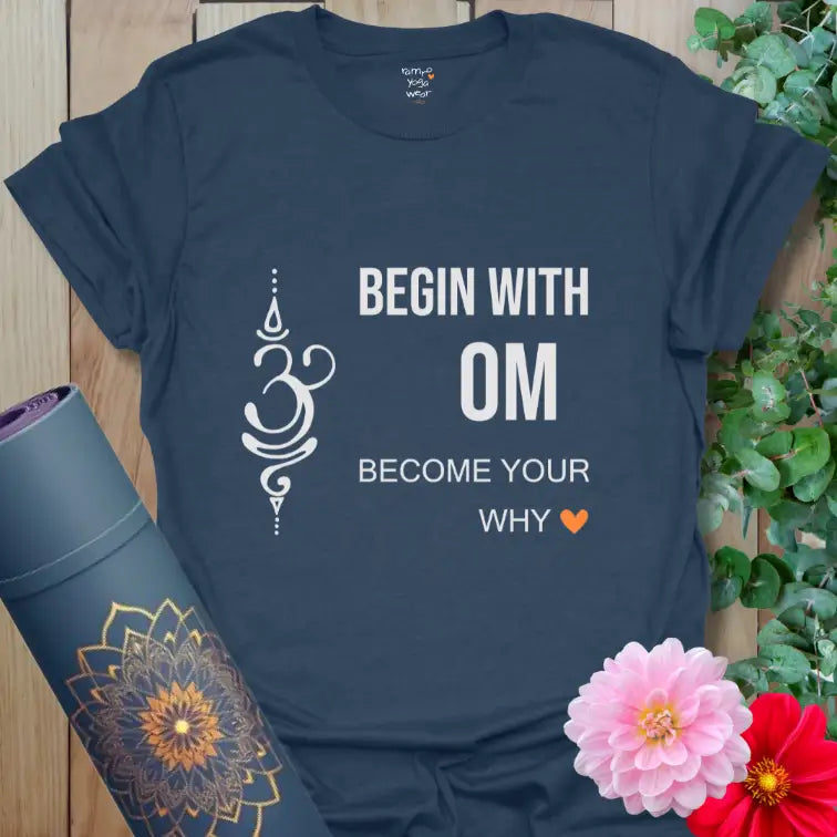 Grounded navy yoga tee featuring Om symbol and mindful affirmation. Soft Cotton, Crew Neck and worn as Mindful Threads.
