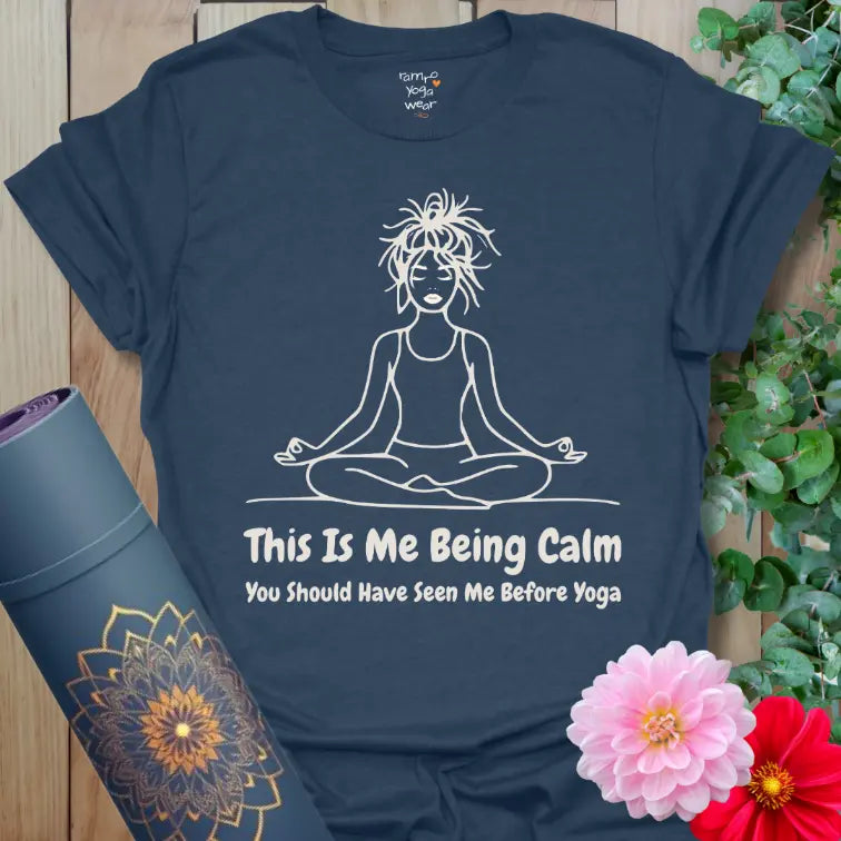 Heather Navy color yoga t-shirt featuring minimalist yogi illustration and playful before-yoga calm message.