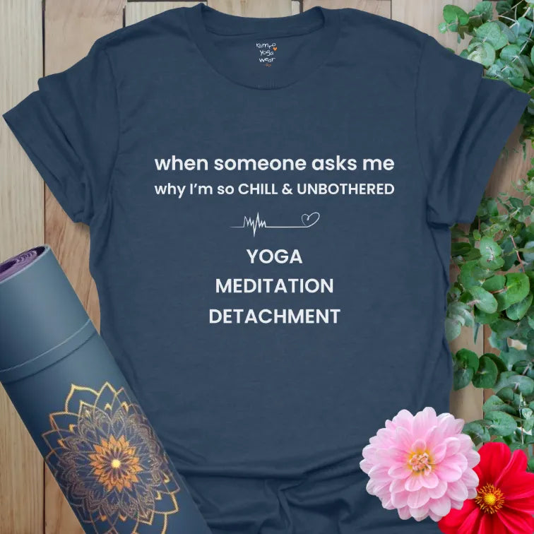 Heather navy minimalist yoga T-shirt with white text and subtle heart icon.