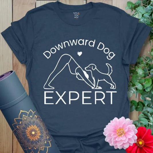 Heather Navy Dog Expert T-Shirt featuring yogi in Downward Dog with pup. Fun yoga tee for dog parents.