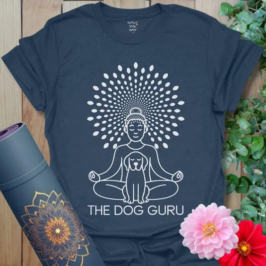 Heather Navy Dog Guru T-Shirt featuring meditating figure with dog silhouette. Relaxed yoga gift tee for mindful dog owners.