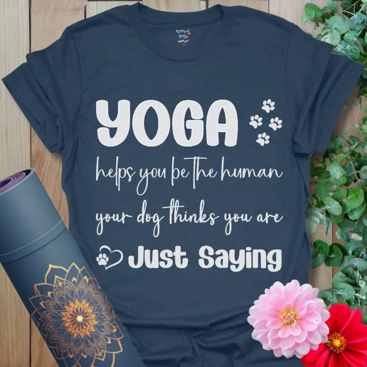 Heather Navy Dogs Think T-Shirt with playful yoga quote and paw prints. Soft yoga tee for dog lovers with mindful, uplifting message.