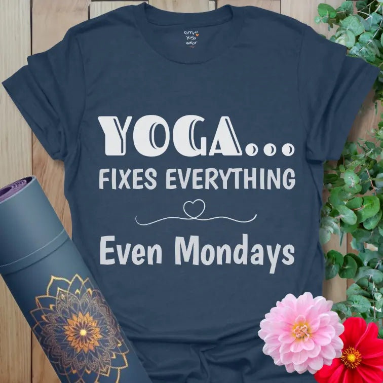 Heather Navy Fixes Everything T-Shirt with uplifting yoga quote and heart divider. Cozy mindful tee for calm, comfort, and everyday wear.